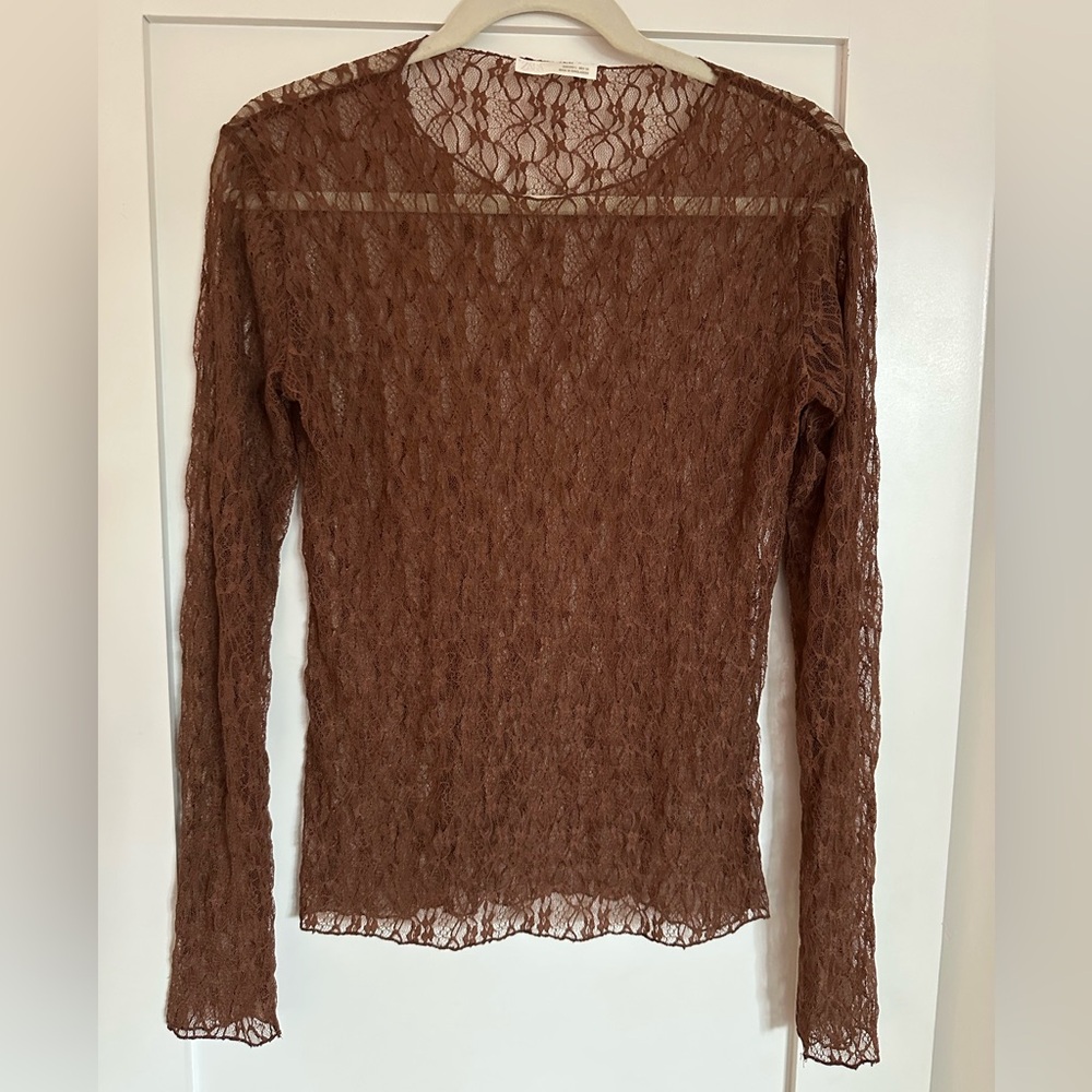 Zara Brown Lace Long Sleeve Top